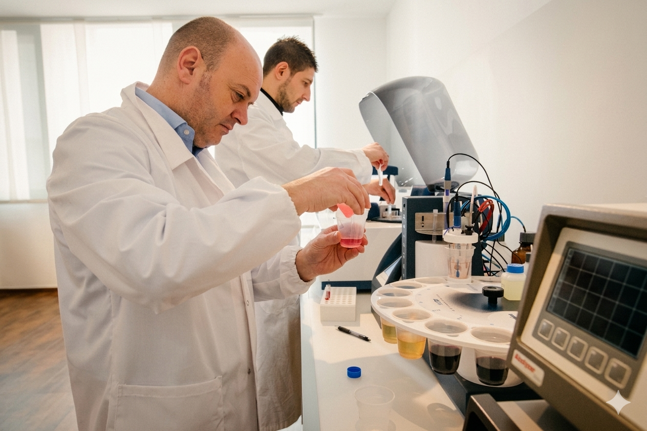 Enologi al lavoro in laboratorio con strumenti di analisi