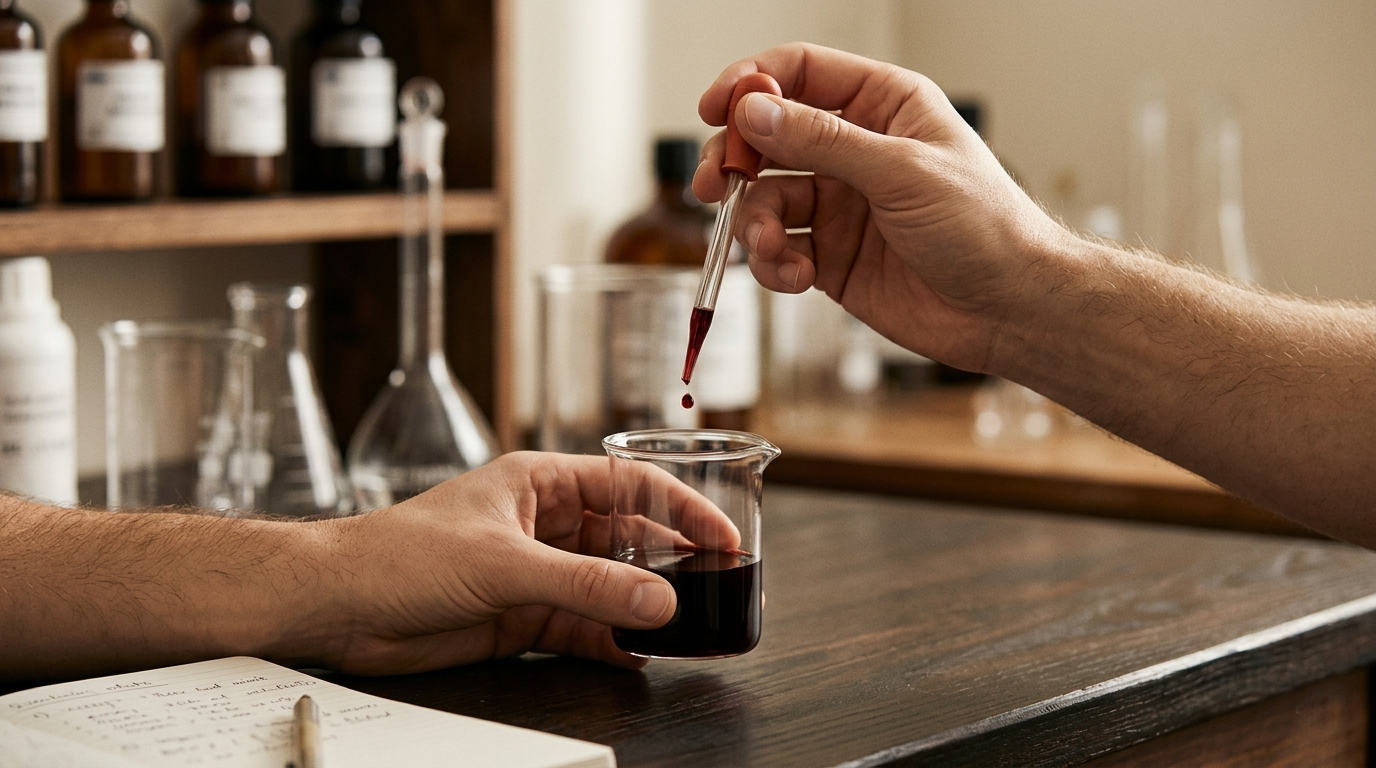 Mani che misurano vino con pipetta in bicchiere da laboratorio — precisione nei dettagli