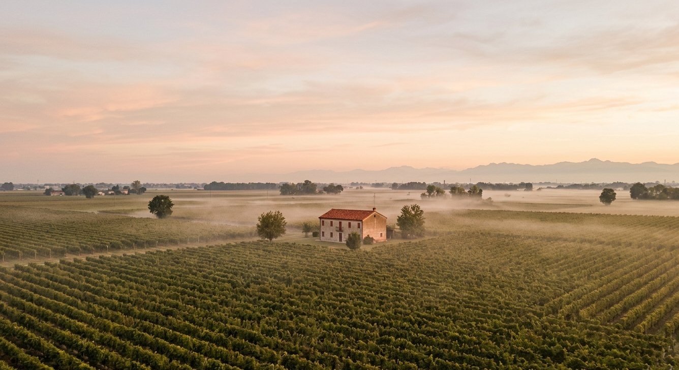 Vista aerea del territorio vitivinicolo del Veneto orientale all'alba con nebbia