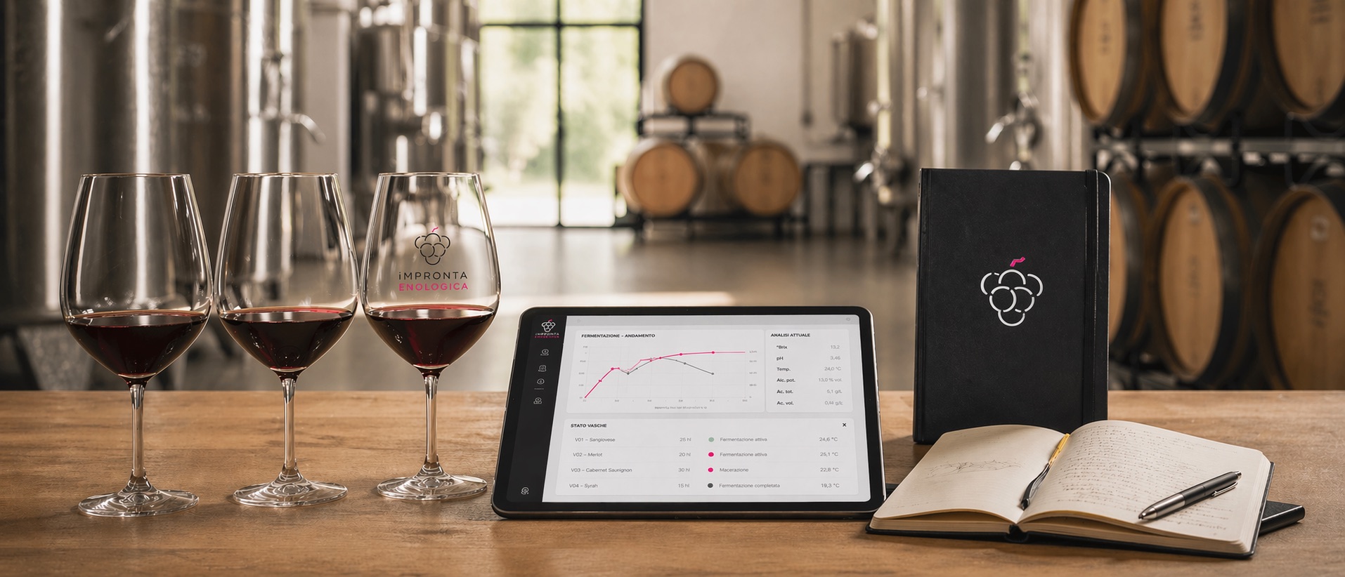 Banco di lavoro Impronta Enologica: calici con logo, iPad con dashboard GENIO e notebook su tavolo in legno, sullo sfondo vasche in acciaio e barriques